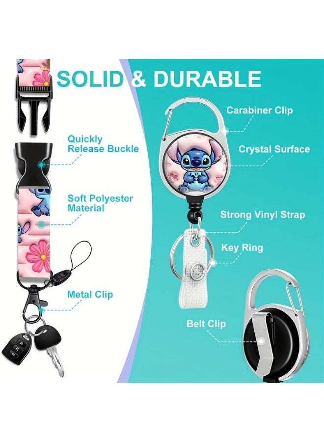Disney 3-in-1 Disney Pink Cherry Blossom Stitch Logo Plastic ID Holder with Lanyard, Retractable ID Roller, Keychain and Extension Chain - Suitable for workers, students, bus drivers, doctors, nurses, etc. - Image 3